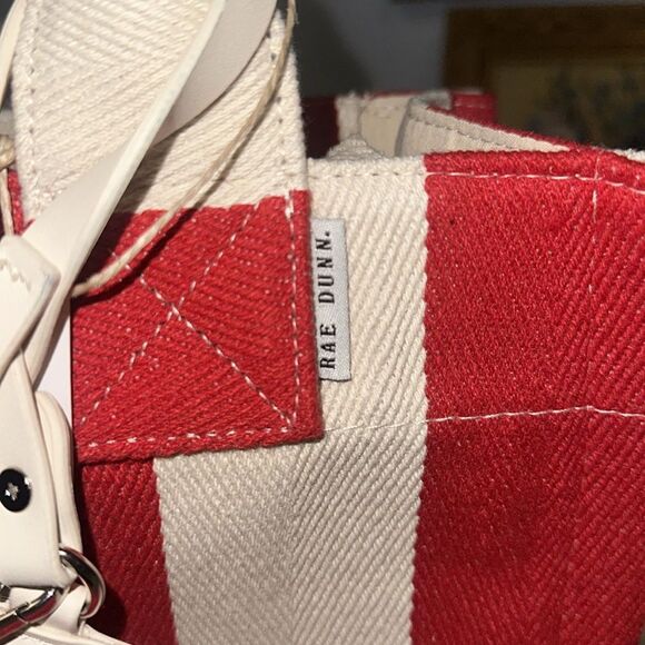 RAE DUNN Large Rare Retro Red Ivory Stripe Woven Canvas Bonjour Shopper Tote - Picture 14 of 15